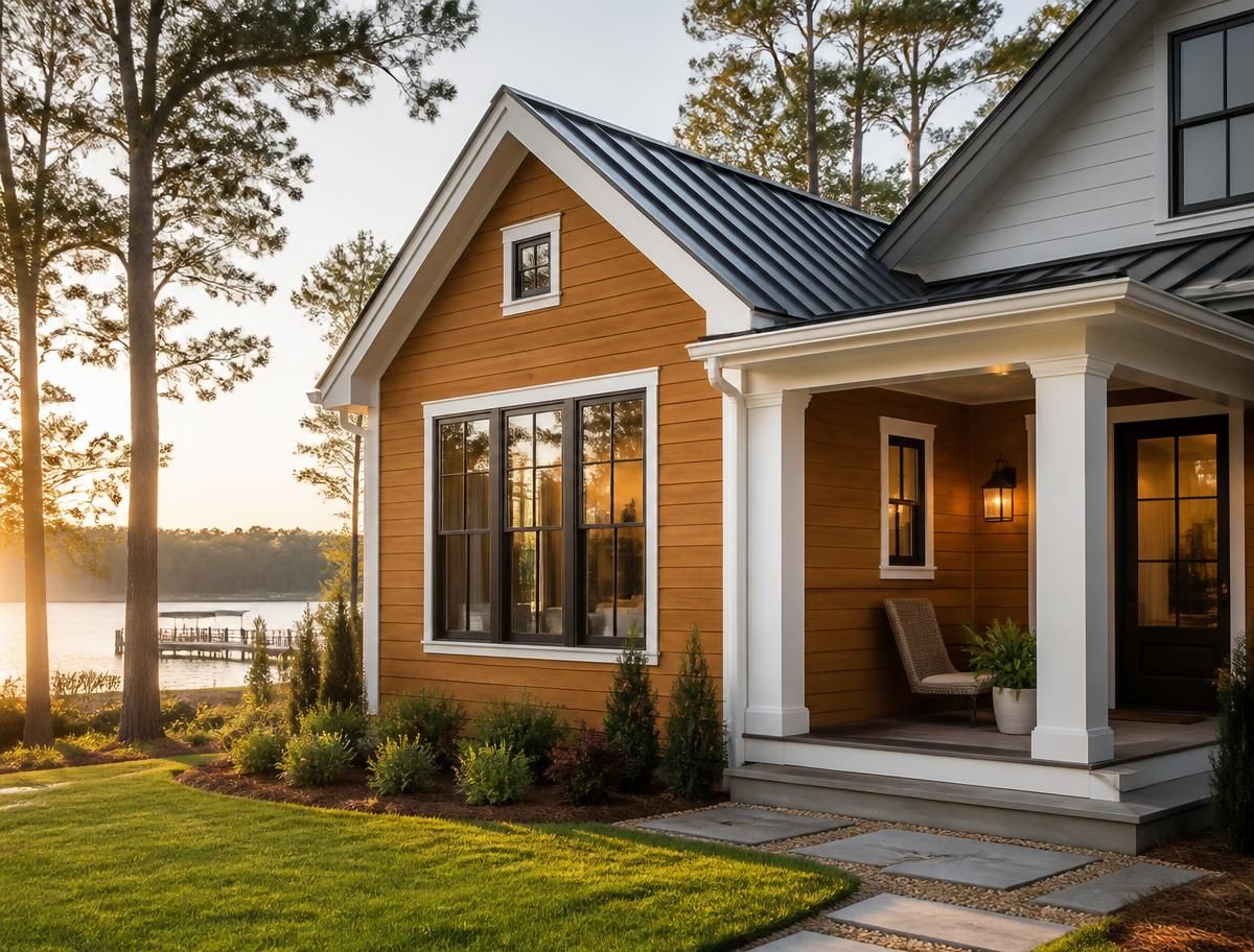 Custom accessory dwelling unit with wood siding, charcoal roof accents and a covered porch overlooking a lake
