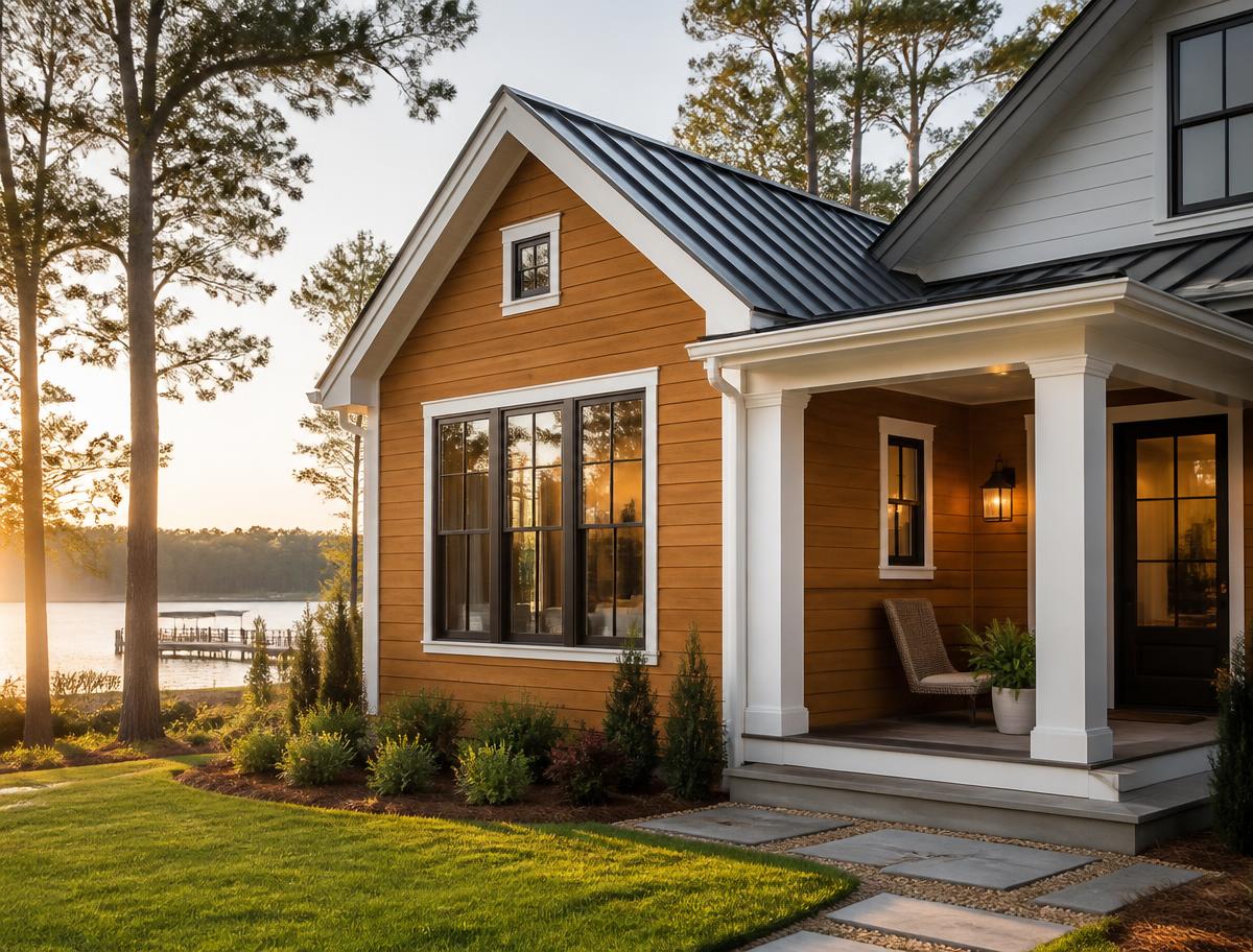 Custom accessory dwelling unit with wood siding, charcoal roof accents and a covered porch overlooking a lake