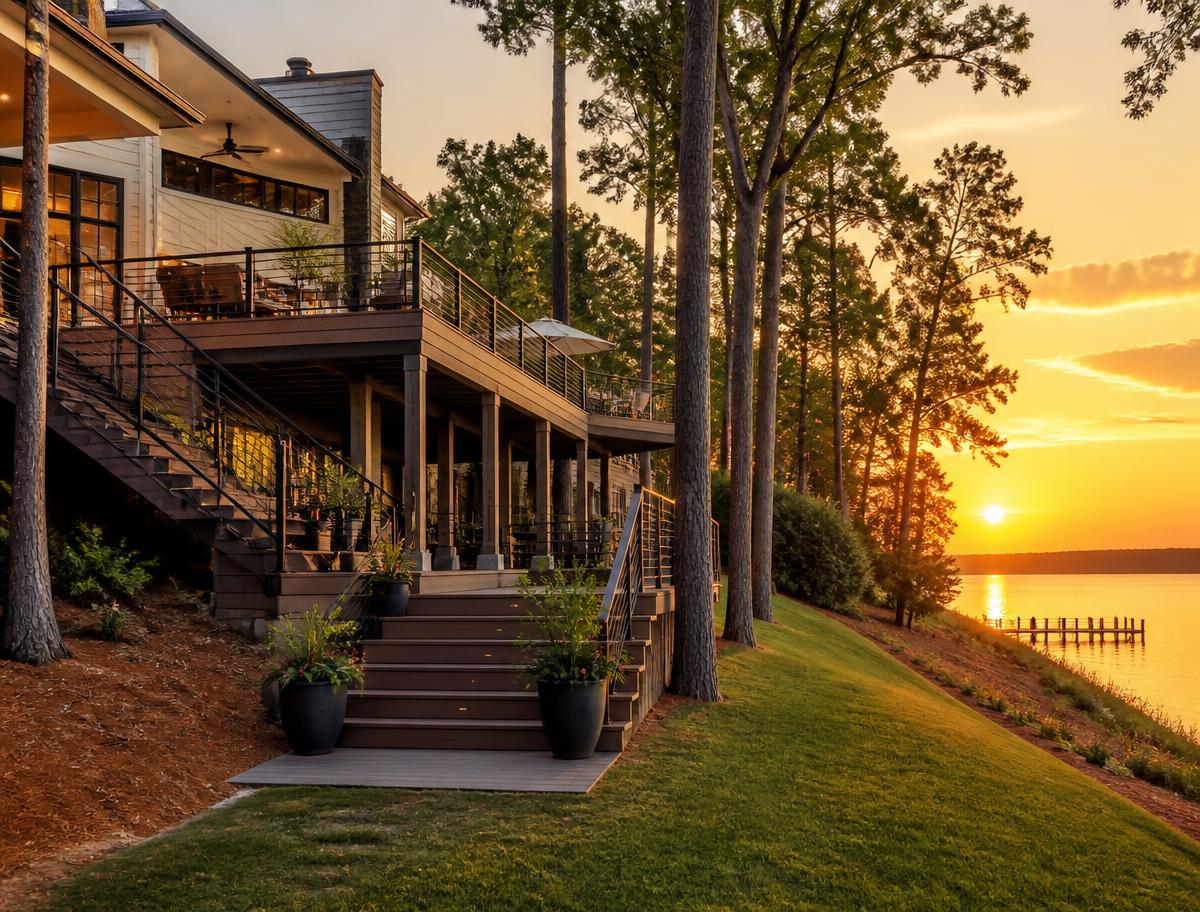 Multi-level composite deck on proper footings and posts, set back from Lake Murray with a sloped lawn and shoreline buffer