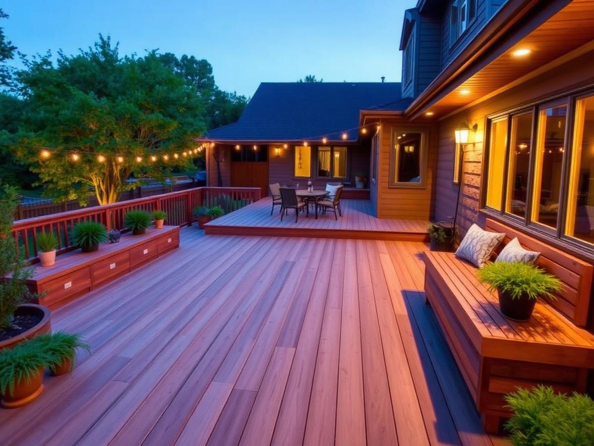 Wood deck with built-in bench seating and string lighting at dusk