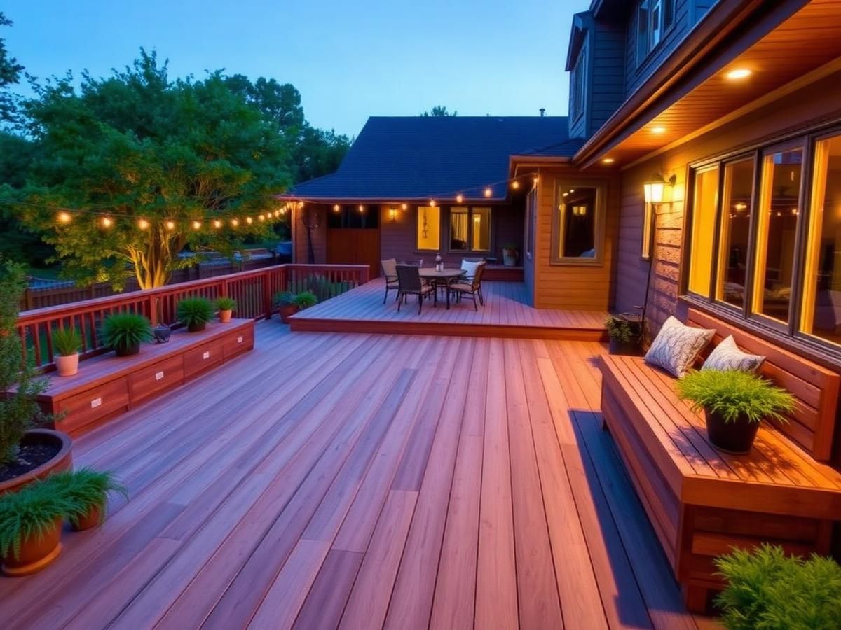 Wood deck with built-in bench seating and string lighting at dusk