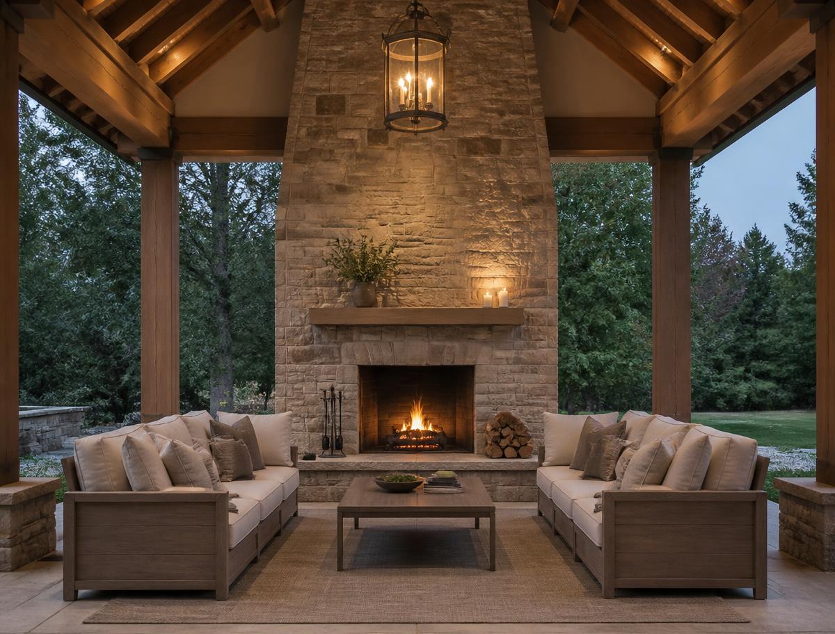 Covered patio centered on a single grand stone fireplace with timber beam ceiling