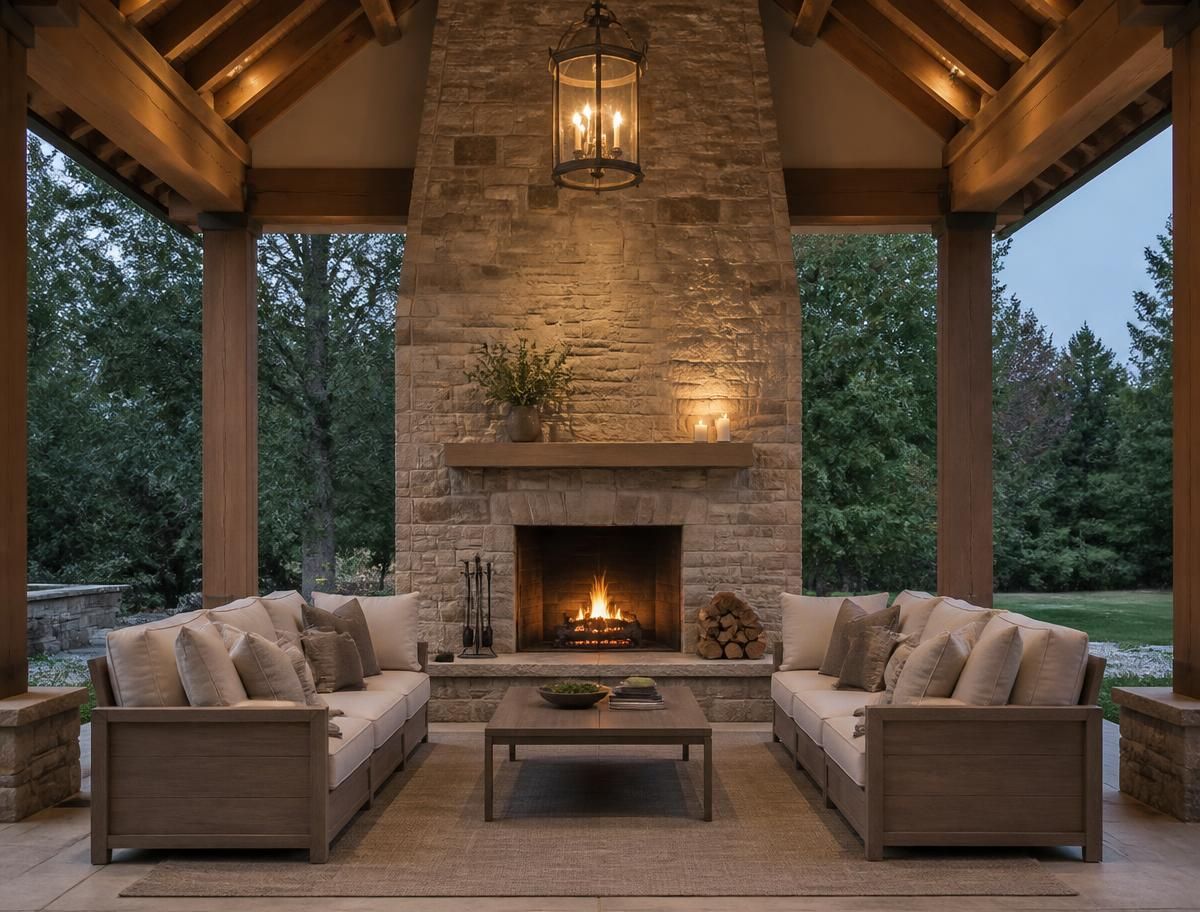 Covered patio centered on a single grand stone fireplace with timber beam ceiling