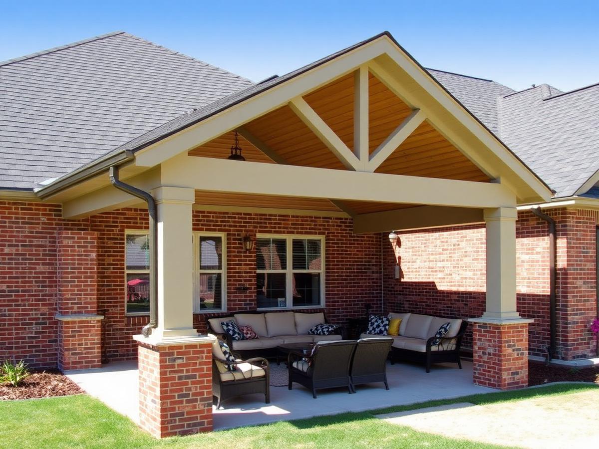 Covered outdoor living pavilion attached to a brick home