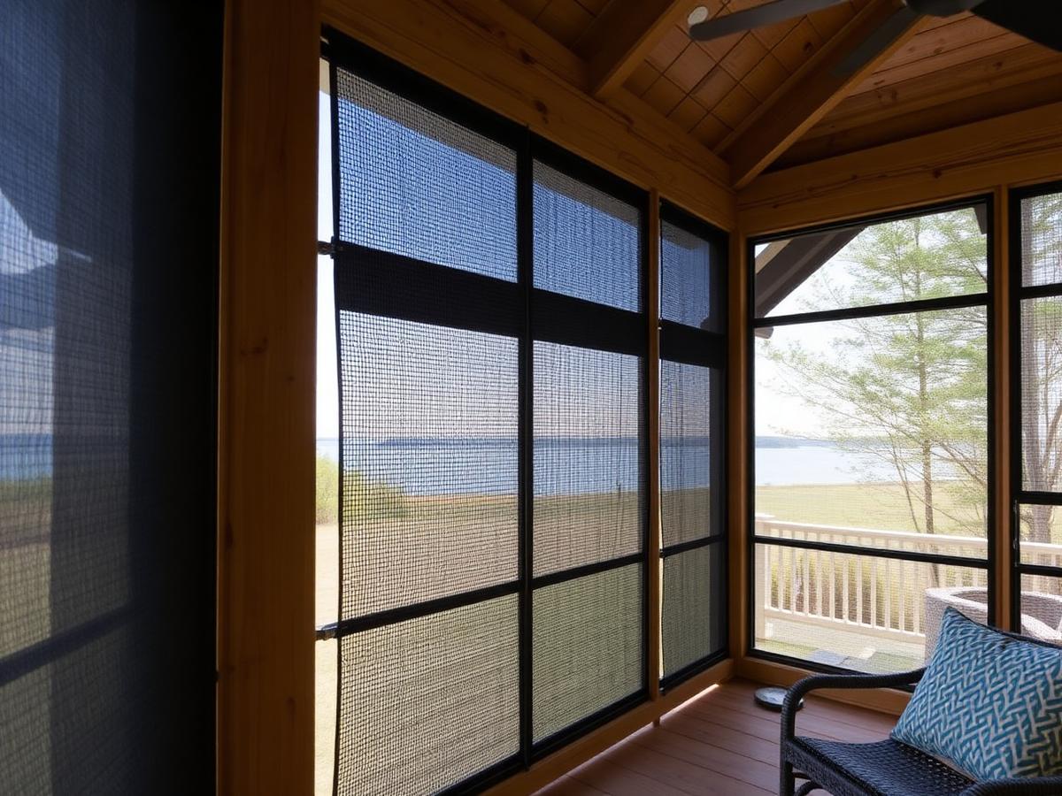 Screen mesh and cedar timber framing detail on a lakeside screened porch