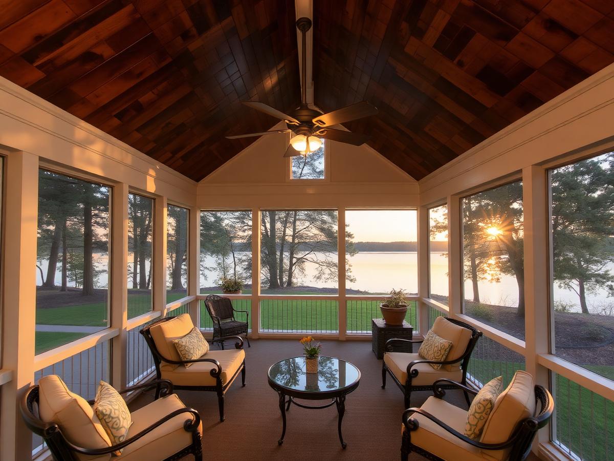 Vaulted screened porch with stained wood ceiling overlooking the lake