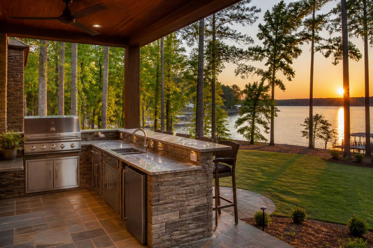 Custom outdoor kitchen with built-in grill, stone countertops, bar seating and lake views at sunset