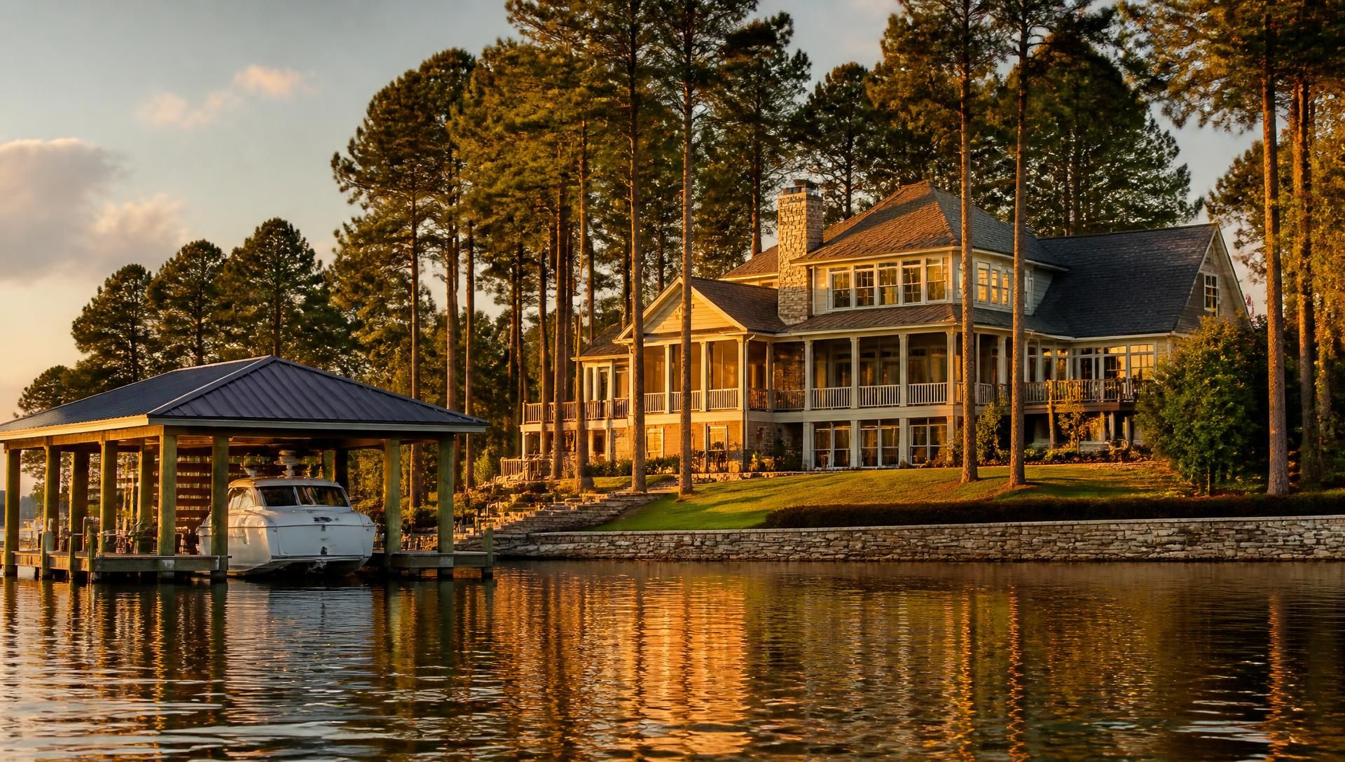Lake Murray waterfront home with covered porch, private dock and boat at golden hour