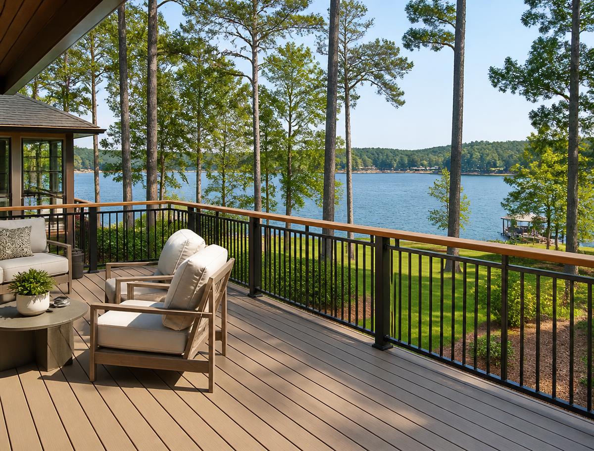 Black aluminum deck railing with a wood top cap on a composite lakeside deck