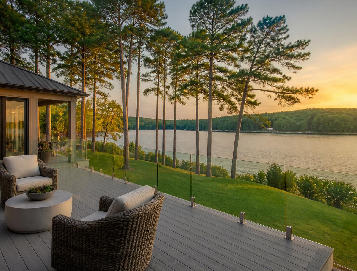 Frameless glass deck railing with stainless posts overlooking a lake at sunset
